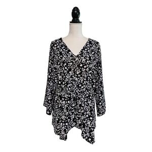 Lane Bryant Black Floral Tie Waist Button Front Top Size 18/20 Dark Cottagecore